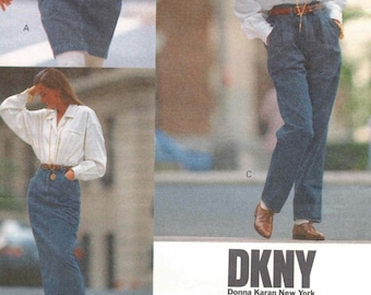 80s DKNY High Waist Pleated Jeans + Tapered Skirt in Two Lengths | Vogue 2372 Size 12 14 16 Waist 26.5 28 30 Hip 36 38 40 uncut
