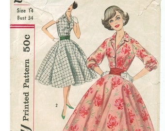 50s Circle Skirt Dress + Cumberbund | Front Button Bodice Notched Collar 3/4 Sleeves | Simplicity 2547 Size 14 Bust 34