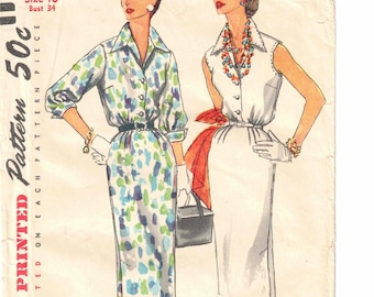 50s Shirtwaist Dress | Notched Collar, 3/4 Sleeves or Sleeveless | Simplicity 1114 Size 16 Bust 34 uncut