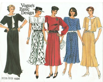 80s Maxi or Midi Blouson Dress | | Belted, Pullover | Sleeve Neckline Variations | Vogue Basic Design 1534 Size 8 10 12 Bust 31 32 34 Uncut