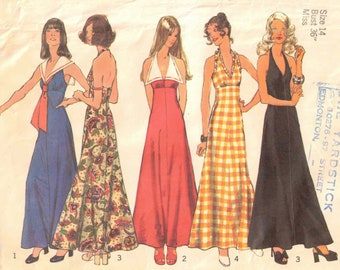 70s Fit & Flare Maxi Halter Dress + Collar | Deep V Neckline, Empire Waist | Simplicity 5349 Size 14 Bust 36