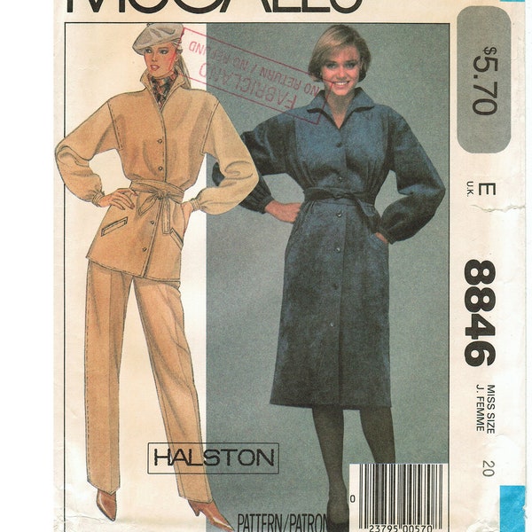 80s Halston Shirtdress + Tunic + Pants  + Shaped Tie Belt | Casual Pantsuit | McCalls 8846 Size 20 Bust 42 uncut