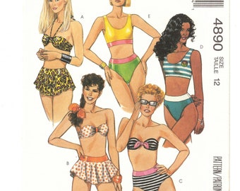 90s Two Piece Swimsuit High Waist | High Cut Legs, Bra Top, Skirt | McCalls 4890 Size 12 Bust 34 uncut