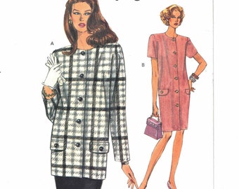 90s Straight Dress + Long Jacket + Skirt | Collarless, Front Button | Very Easy Vogue 8413 Size 12 14 16 uncut