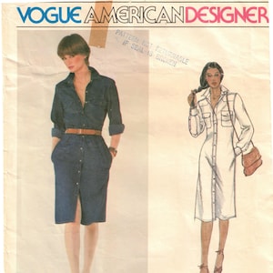 May include: A vintage sewing pattern for a long-sleeved button-down dress. The pattern is by Calvin Klein and is for Vogue American Designer pattern number 2441.
