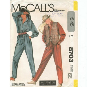 May include: A sewing pattern for a jumpsuit with two different styles. The first style is a blue denim jumpsuit with a belt. The second style is a red jumpsuit with a plaid vest. The pattern is McCall's 8703, size small petite.