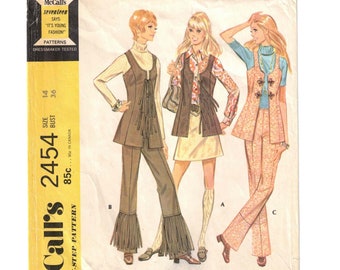 70s Fringed Lined Pants + Long Vest + Mini Yoke Skirt | McCalls 2454 Size 14 Bust 36 Hip 38 mostly uncut