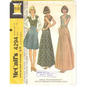 May include: A vintage sewing pattern for a wrap skirt and top. The pattern is for misses sizes 12-14 and includes instructions for making a top for unbonded stretchable knits. The pattern is from McCall's and is called "Carefree Pattern".
