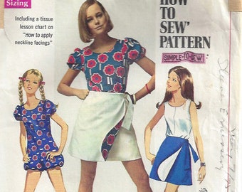 60s Romper + Reversible Mini Wrap Skirt | Bloomers, Back Zipper, Sleeveless, Puffed Sleeves | Easy Simplicity 8063 Size 10 Bust 32.5