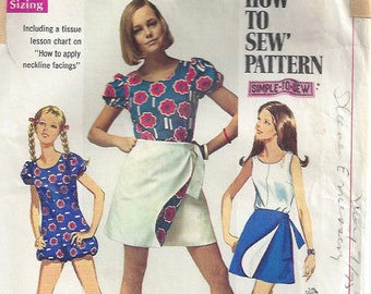 60s Romper | Reversible Mini Wrap Skirt; Bloomers, Back Zipper, Sleeveless, Puffed Sleeves  Easy Simplicity 8063 Size 10 Bust 32.5