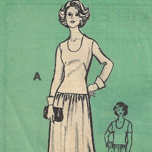 May include: A vintage sewing pattern for a dress with a long skirt and a fitted top. The pattern is labelled "A" and "B" and includes instructions for making the dress. The pattern is printed on a green background.