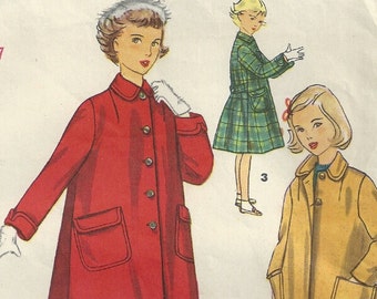 50s Girls' Swing Coat Jacket | Back Belt, Round Collar, Patch Pockets, Cuffs, Buttons | Simplicity 4418 Size 7 Breast 25