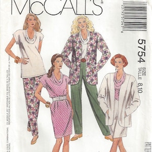 90s Cowl Neck Tunic + Top + Pleated Pants + Skirt, Side Zipper +  Unlined Jacket | McCalls 5754 Misses Size 8 10