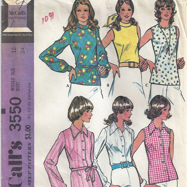 70s Blouse Pattern | French Darts, Pointed | Rolled Collar Long | Short Sleeves Back Zipper Button Up | McCalls 3550 Size 12 Bust 34