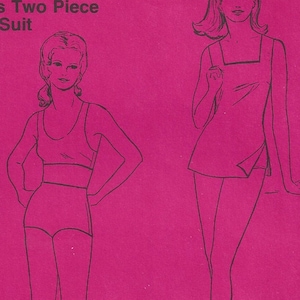 Peut inclure: Un patron de couture vintage pour un maillot de bain deux pièces. La couverture est rose vif avec le mot "BASIC" en grandes lettres blanches. L'illustration montre deux femmes en maillots de bain. Le patron est pour des tours de poitrine de 76 à 97 cm.