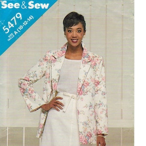 May include: A woman in a white dress and a floral blazer with pink and blue flowers on a cream background. The image includes text that reads "See & Sew 5479 SIZE A (10-12-14)" and "PATTERN/PATRON".
