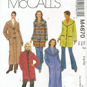 May include: A sewing pattern for five different coats with fringe details. The pattern is for sizes large to extra large and is called McCall's M4670.