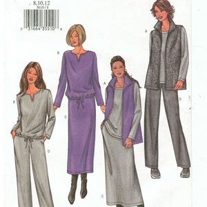 May include: A Butterick sewing pattern featuring illustrations of various women's outfits. The outfits include a long-sleeved top and pants set, a long skirt and top set, and a vest and pants ensemble. The color palette includes shades of gray and purple.