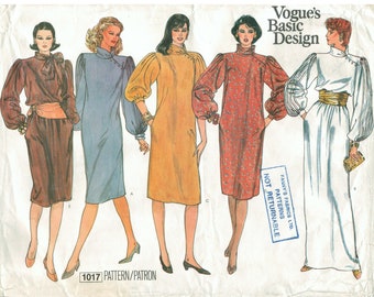 80s Vogue Basic Design 1017 | Straight Belted Dress | Pullover, Full Long Sleeves | Pleated Standing Collar with Tie | Size 14 Bust 36 Uncut