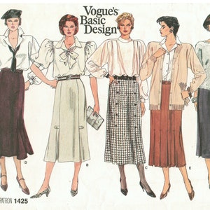 May include: Vogue's Basic Design pattern 1425 for five different skirts. The skirts are in a variety of styles and fabrics, including a plaid skirt, a pleated skirt, and a plain skirt. The pattern includes instructions for making all five skirts.