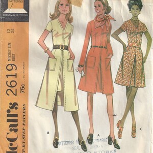 May include: A vintage sewing pattern for a dress in three styles. The pattern is for misses' sizes 12-34 and features a step-by-step guide. The pattern is from McCall's and is called "Misses' Dress in Three Versions".