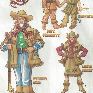May include: A vintage illustration of four historical figures dressed in costumes. The figures are Davy Crockett, Hiawatha, Buffalo Bill, and Annie Oakley. The illustration is from a pattern book for making costumes. The text on the image reads "Living Legends" and "Cheryl Johnson 1987".
