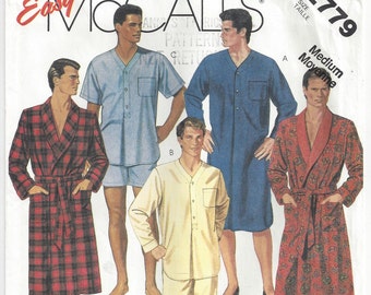 80s Mens Classic Nightshirt Pajamas Wrap Robe Collarless Front Button Pullover Easy McCalls 2779 Size Medium Chest 38 40