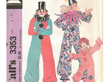 70s Childs Clown Costume | Neck Ruffle, One Piece Jumpsuit, Raglan Sleeves | McCalls 3353 Boys Girls Size 6 8