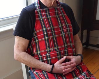 Adult Plaid Bib Apron | Large Pocket, Adjustable Neck