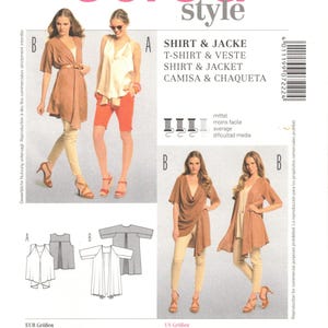 May include: A Burda Style sewing pattern featuring shirt and jacket designs. The cover displays images of the finished garments in various styles and colors. Includes size charts in US and EUR sizes, with the number 7222 at the top.