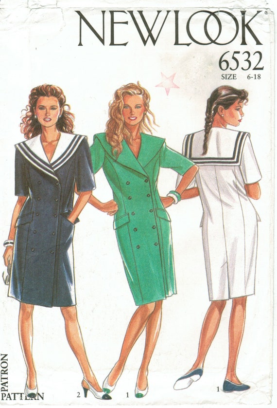 90s Double Breasted Dress | Sailor Collar, Shoulder Pads, Pockets, Semi  Fitted | New Look 6843 Size 8 10 12 14 16 18 Bust 31 32 34 36 38 40 - Etsy