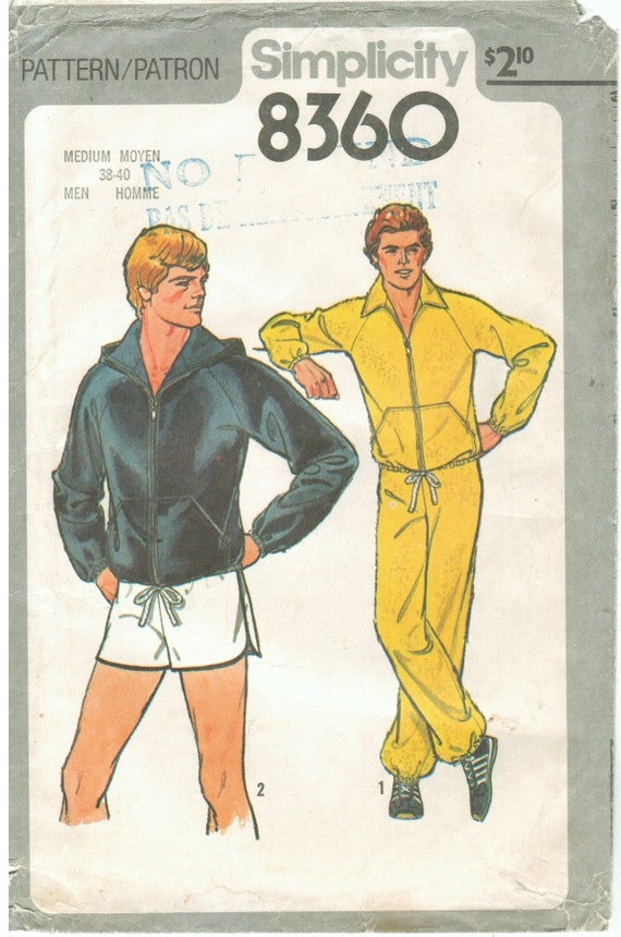 70s Mens Retro Sportswear Track Suit, Running Shorts, Front Zip Hoodie  Simplicity 8360 Size 38 40 