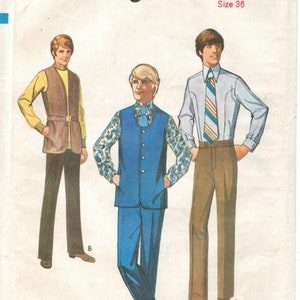May include: A vintage sewing pattern for a men's outfit. The pattern shows three different looks: a blue waistcoat and trousers, a brown waistcoat and trousers, and a light blue shirt and brown trousers. The pattern number is 3016 and the size is 36.