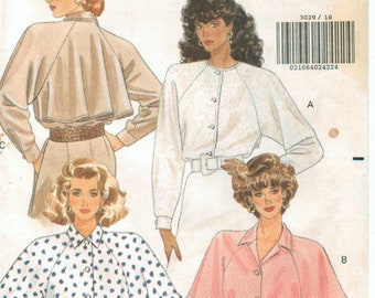 80s Shoulder Pad Shirt | Deep Raglan Sleeves | Back Overlay, Capelet Blouse | Very Easy Butterick 3029  Size 18 20 22 Bust 40 42 44