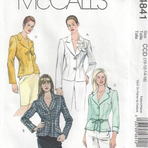 May include: A sewing pattern for a blazer with three different styles. The pattern is for sizes 10-12-14-16. The pattern is from McCall's and the pattern number is M4841.