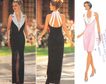 90s Open Back Evening Dress | Back Straps, Front Collar, High Slit | Butterick 4003 Size 6 8 10 12  Bust 30 31 32.5 34