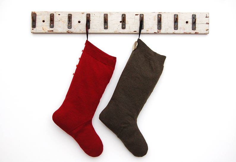 Dark Red Felted Wool Christmas Stocking Upcycled Sweater Simple Unusual Large Taffeta-Lined Button-Trimmed Cottage Decor Hipster Minimalist