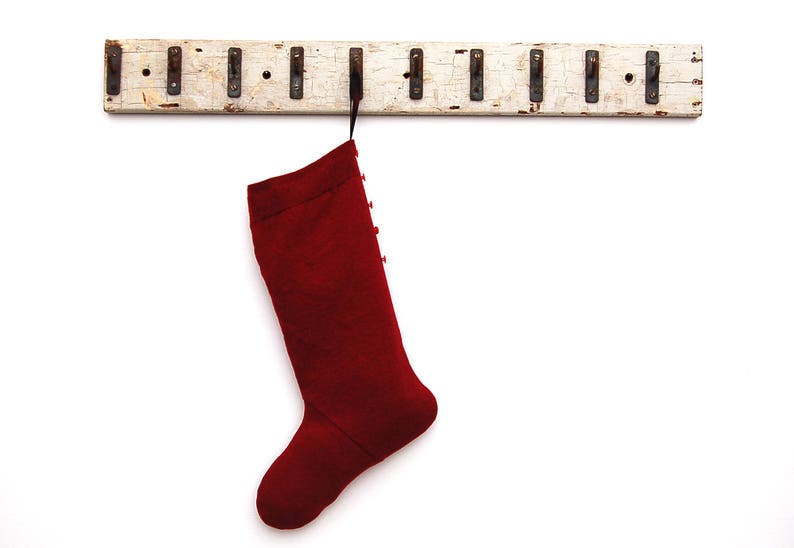 Dark Red Felted Wool Christmas Stocking Upcycled Sweater Simple Unusual Large Taffeta-Lined Button-Trimmed Cottage Decor Hipster Minimalist