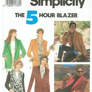 May include: Simplicity sewing pattern for The 5 Hour Blazer. The pattern features multiple blazer styles in various colors and patterns, including green, orange, red, and black. The pattern size is NN (10-16).