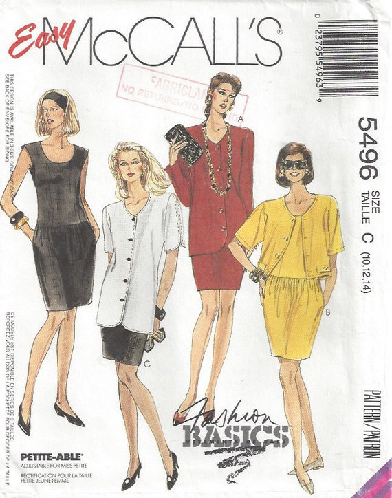 90s Dropped Waist Fitted Dress + V Neck Jacket | Unlined Short Sleeved |  Cropped or Below Hip | Easy Mccalls 5496 Misses Size 10 12 14 - Etsy