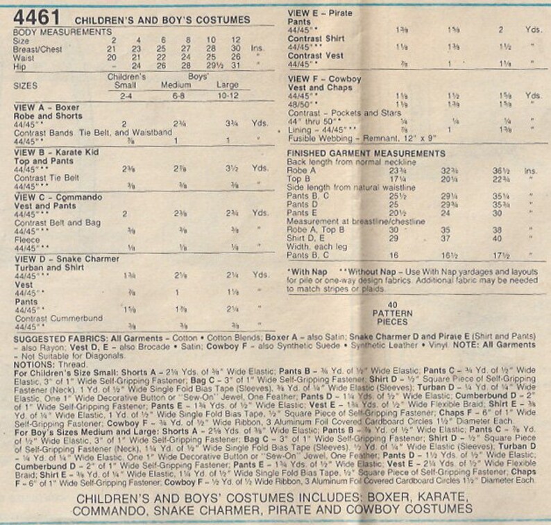 Children's Costume Patterns Pirate Boxer Cowboy Commando Karate Kid