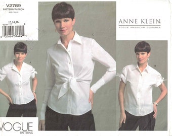 Anne Klein Shirt Variations | Cuffed Long Sleeves, Pin Tuck Waist, Waist Tie | Vogue 2789 Size 12 14 16 Bust 34 36 38