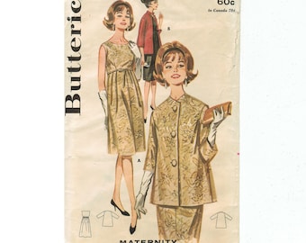 May include: A vintage sewing pattern for a maternity dress and jacket. The pattern is for sizes 10-16 and features a floral print. The pattern is from Butterick and has the number 2506.