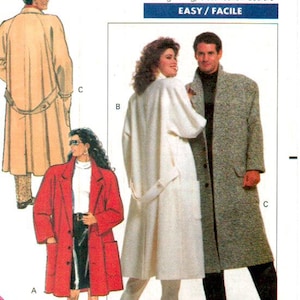 May include: Butterick pattern 6735 features illustrations of coats in various styles. The image shows a red coat, a white coat, and a gray tweed coat. The pattern is rated as easy.