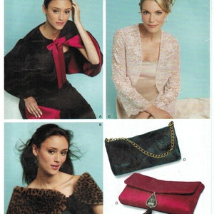 May include: A New Look sewing pattern showcasing women's fashion designs. The image displays a black cape with a red bow, a pink lace jacket, a black clutch with a gold chain, and a red clutch with a tassel. The pattern size is XS-XL.