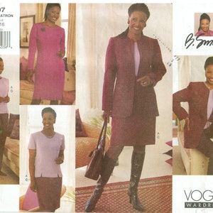 May include: A Vogue Wardrobe sewing pattern featuring a woman in various outfits. The outfits include a skirt suit, a dress, and a top with pants. The color palette is primarily shades of purple and burgundy. The pattern number is 2597, and the size is 12-14-16.