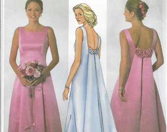 Fit & Flare Bridesmaid, Evening Dress | Princess Seams Low Cut Draped Back Fabric Roses | Butterick 4096 Misses Sizes 12 14 16 or 18 20 22