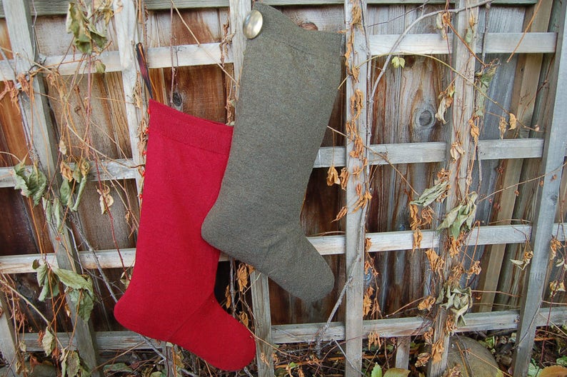 Dark Red Felted Wool Christmas Stocking Upcycled Sweater Simple Unusual Large Taffeta-Lined Button-Trimmed Cottage Decor Hipster Minimalist