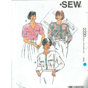 May include: Kwik Sew pattern 2220 for women's tops. The pattern includes three different top designs with short and long sleeves, and button-up fronts. The sizes range from extra small to extra large. The pattern is designed by Kerstin Martensson.