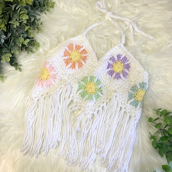 Groovy flower Crochet Halter Top, Pastel rainbow, Baby/Toddler/Little Girl